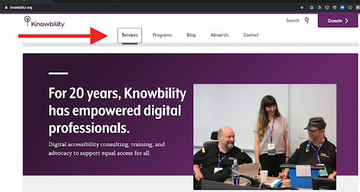 A screenshot of the knowbility.org website with a large red arrow pointing at the focused Services button on the menu.