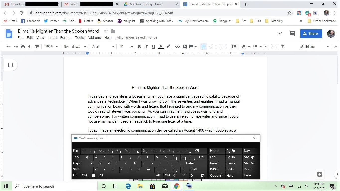 Google doc with the Windows Accessibility on-screen keyboard overlay