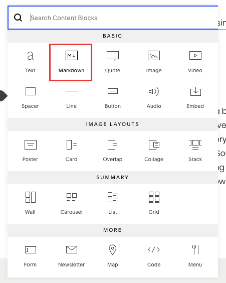 Menu displaying Squarespace content types in a grid with a red square drawn around the Markdown option.